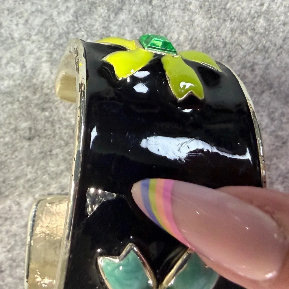 Black Enamel Flower‎ Cuff Bracelet Blue Green Rhinestone Statement Wide Bangle